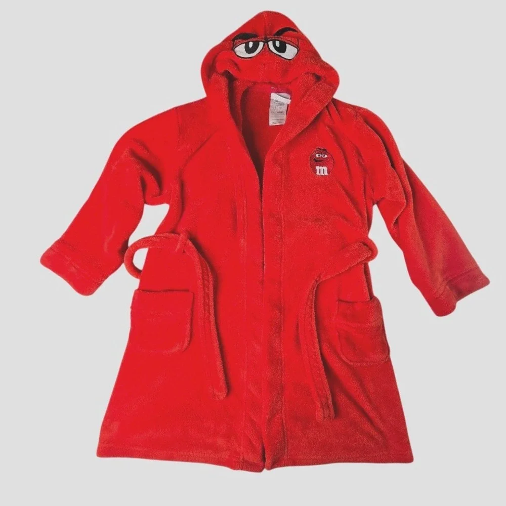 M&M's World Bathrobe Kids Size 7/8 Red Hooded Fleece Character Robe Novelty